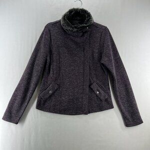 Calvin Klein Jacket Womens L Faux Fur Collar Full Zip Long Zipper Sleeve Purple
